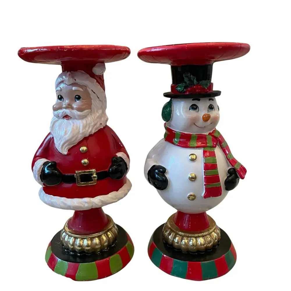 Martha Stewart Christmas Candle Holders 8.5in Santa & Snowman Holiday Decor New